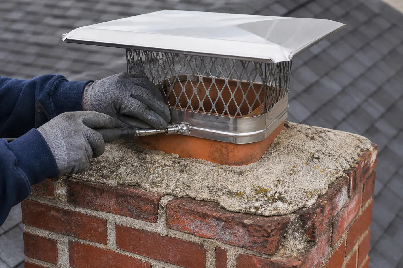 Close-up detail of a metal rain cap being fitted over a chimney flue in Greater Boston