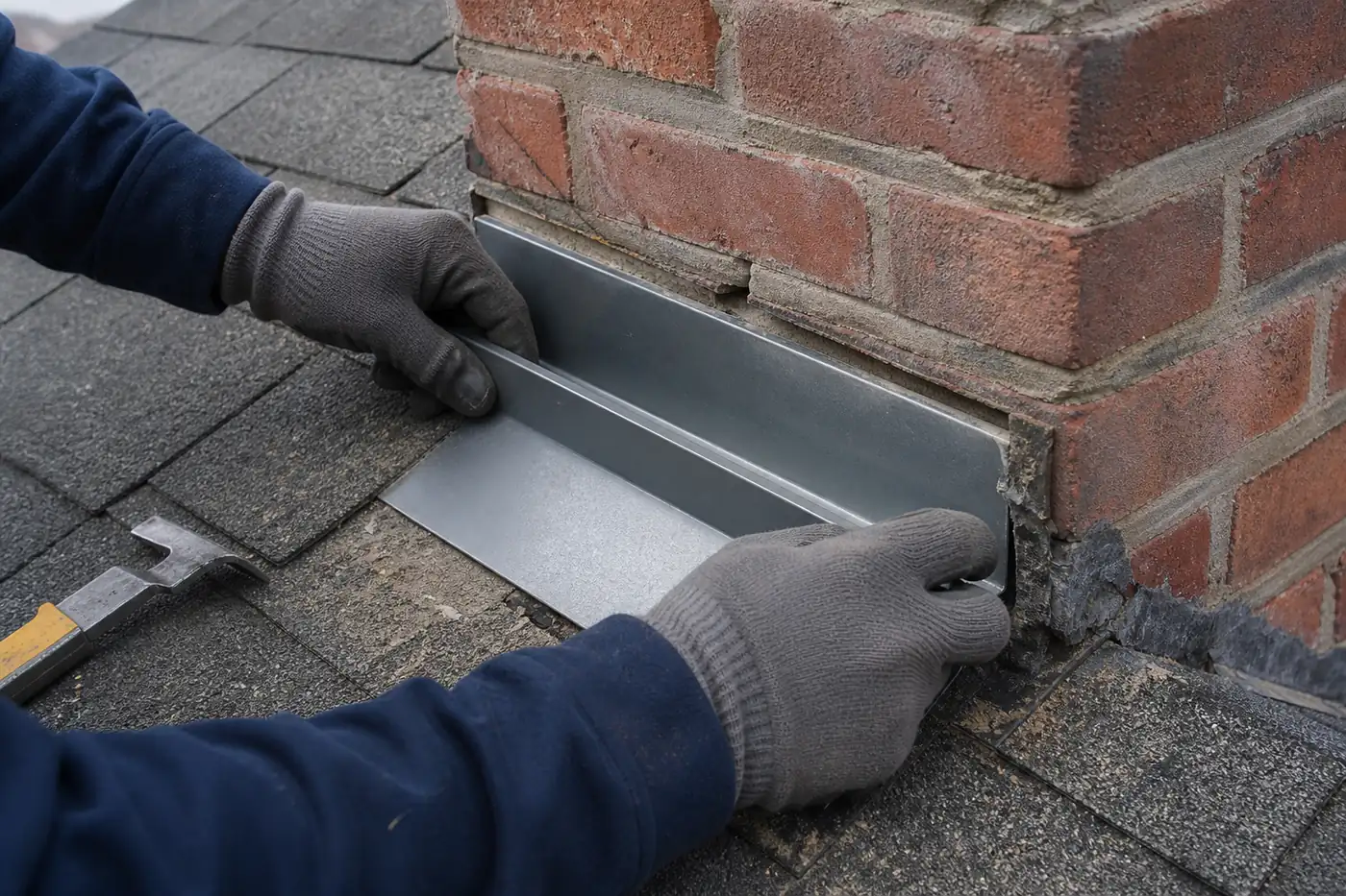 Close-up detail of metal roof flashing being sealed where the chimney meets the shingles in Greater Boston