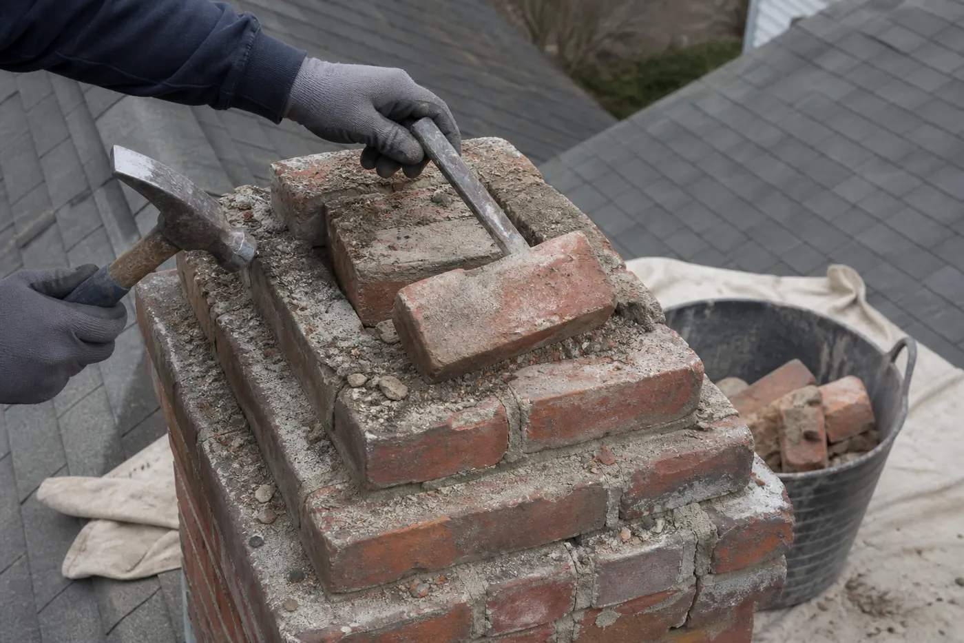 Close-up detail of an exterior masonry chimney being carefully dismantled in Greater Boston