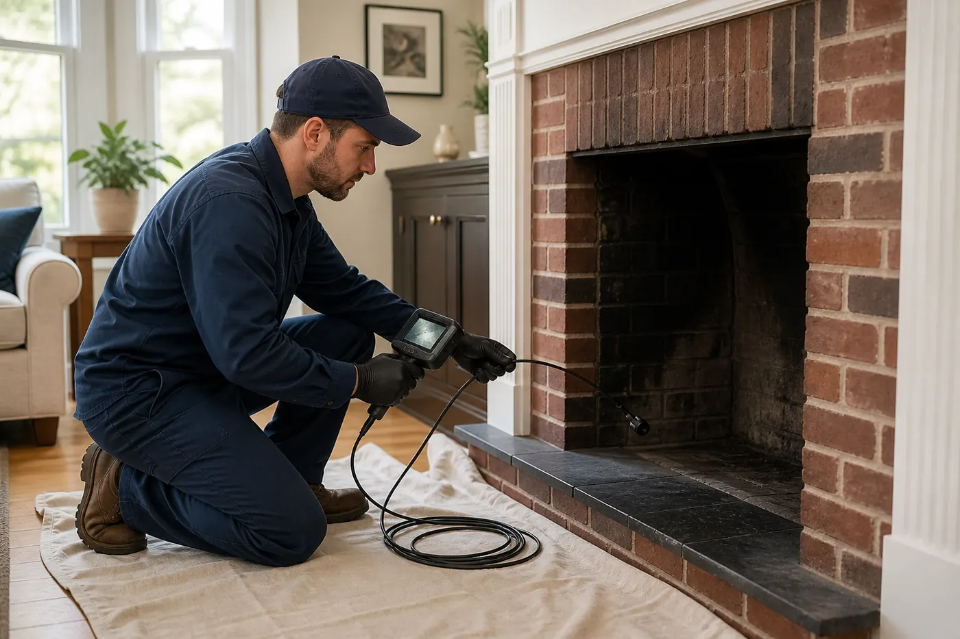 Close-up detail of an inspection of the firebox, damper, and visible chimney interior in Greater Boston