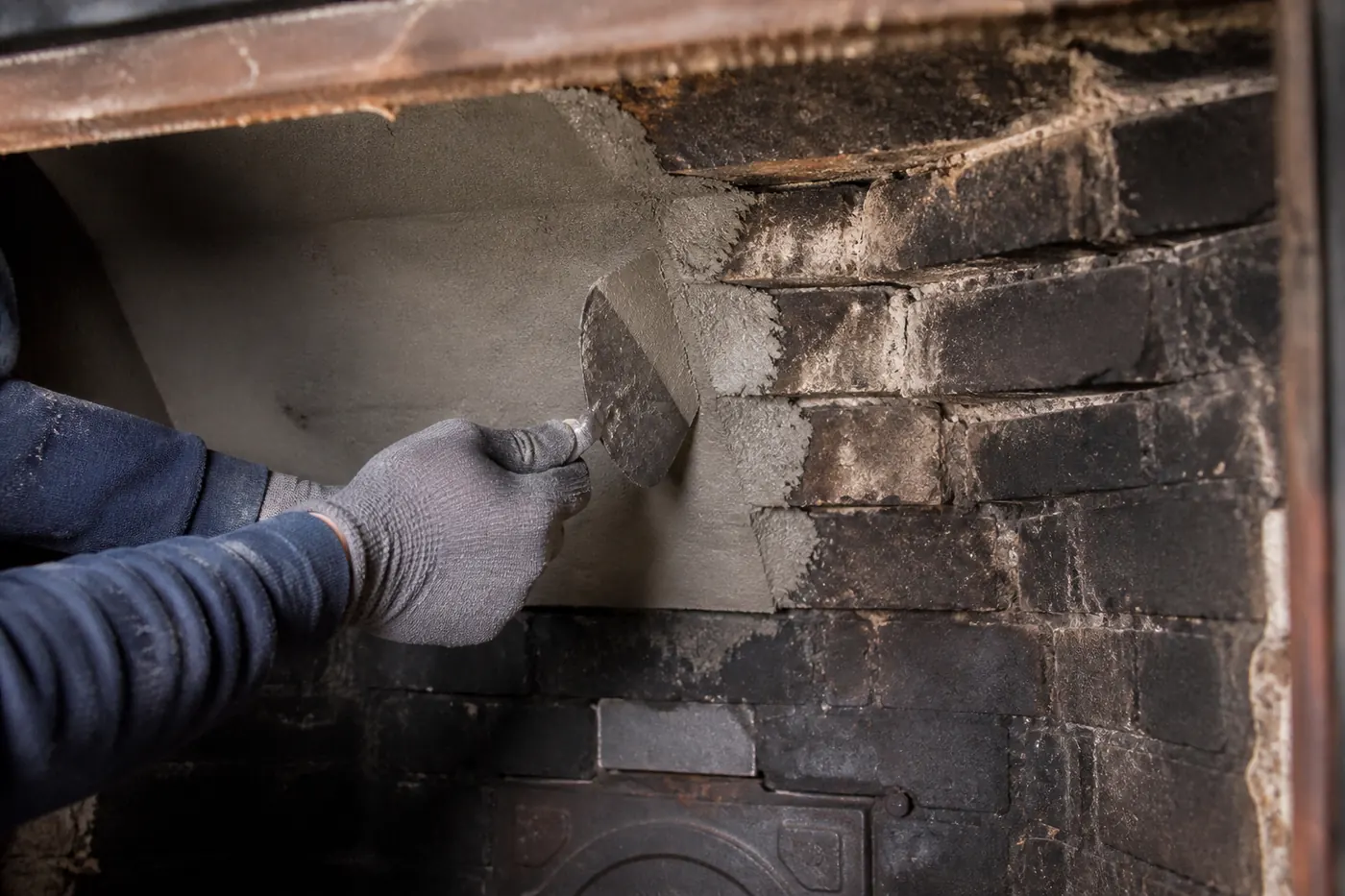 Close-up detail of parging and smoothing the masonry smoke chamber above a firebox in Greater Boston